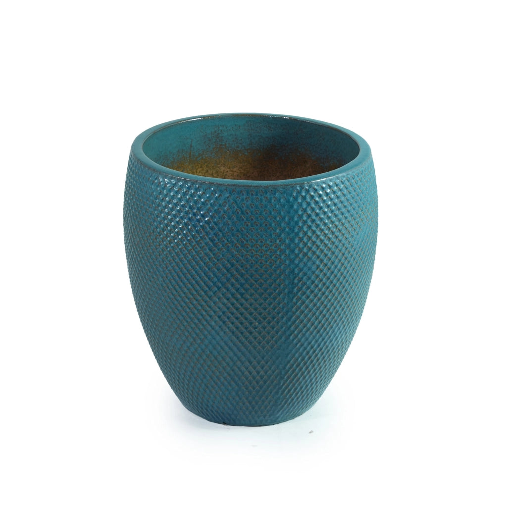 Vaso per piante grande in ceramica turchese diametro 46 cm con rilievo a rombi e drenaggio