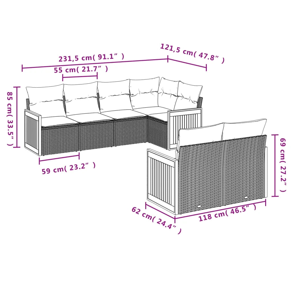 Set Divani da Giardino 7 pz con Cuscini Beige in Polyrattan