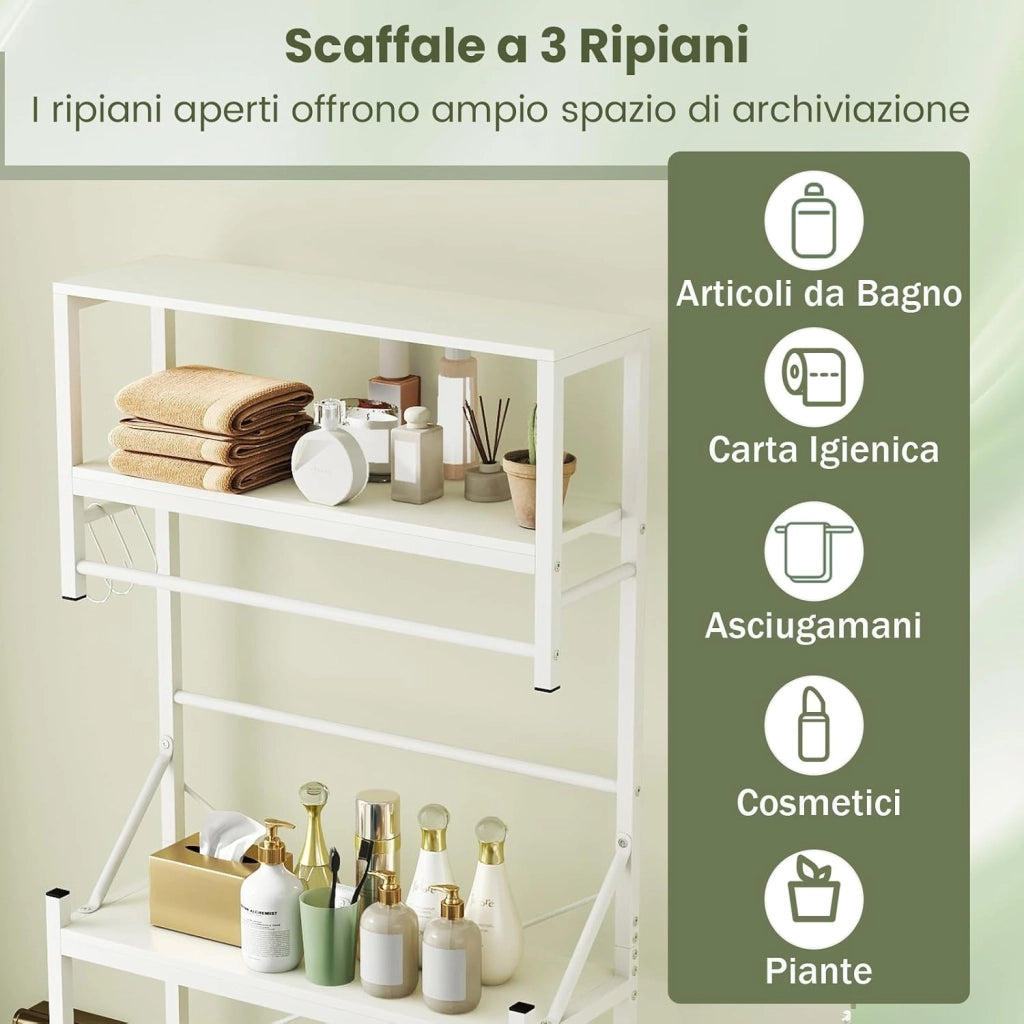 Scaffale per Sopra il WC, Mobile da Bagno con 3 Ripiani, Portasciugamani e Ganci e Barra Inferiore Regolabile, Mobiletto da Bagno Autoportante per Risparmio di Spazio, 64 x 24 x 162 cm