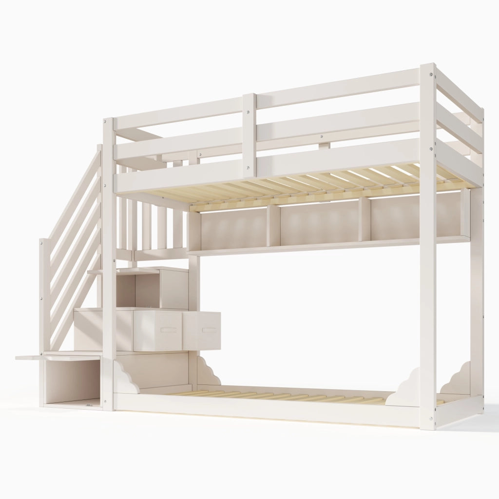 Letto a castello per bambini 90x200 cm bianco con scala contenitore e ripiani integrati