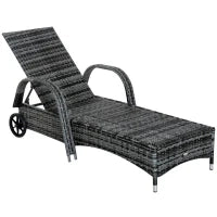 Set 2 Lettini Sdraio e 1 Tavolino da Giardino con Materassini Imbottiti e Ruote, in Polyrattan, Grigio