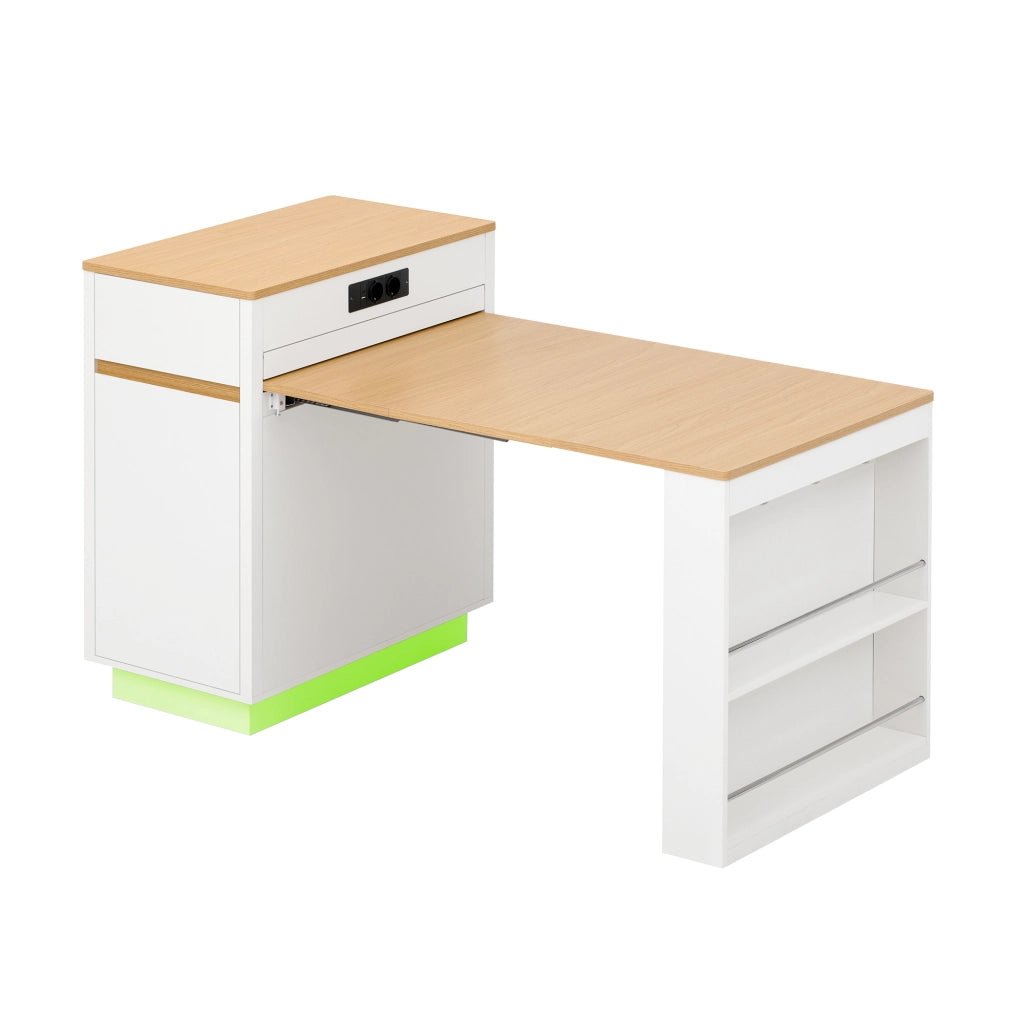 Tavolo da pranzo con piano estraibile; LED e prese USB per cucina in MDF bianco