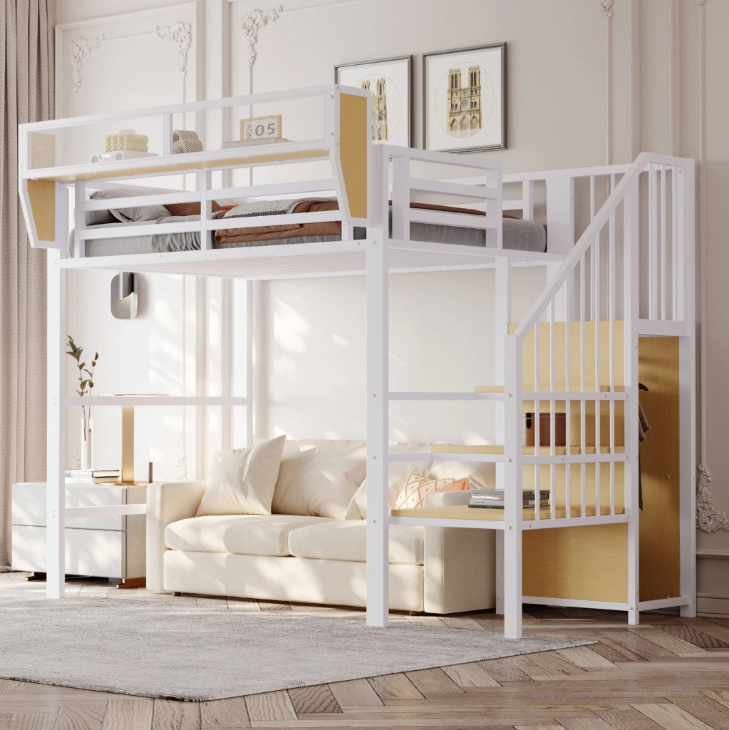 Letto a soppalco 90x200 cm in metallo bianco con ripiano