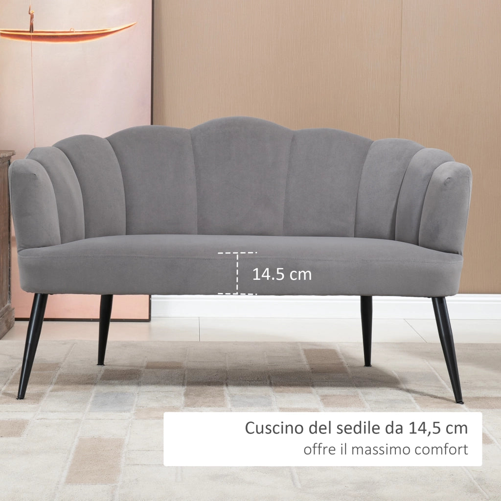 EasyComfort Divano 2 Posti in Velluto con Gambe in Metallo e Schienale a Conchiglia, 132x66x80cm, Grigio