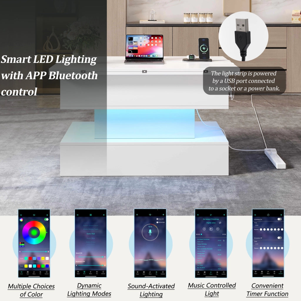 Tavolino basso sollevabile con LED e presa, vano contenitore, per soggiorno, bianco, 100 × 50 × 51,5 cm