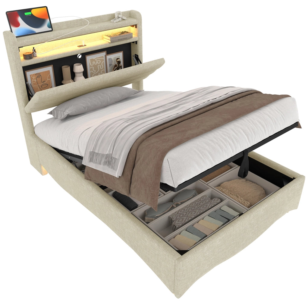 Letto imbottito 90x200 cm con LED; contenitore idraulico e porte USB in lino beige