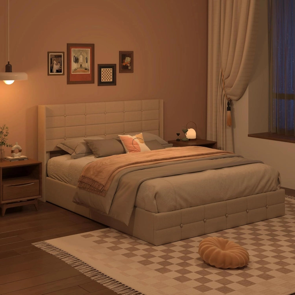 Letto contenitore idraulico 160X200CM, letto matrimoniale imbottito con testiera e contenitore, giroletto con rete a doghe, letto per ragazzi, senza materasso,Beige