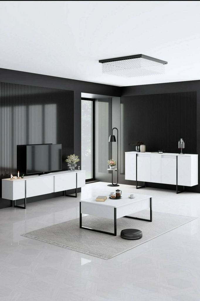 Credenza Arta, Buffet da soggiorno, Madia da salotto, Dispensa da cucina, 160x35h80 cm, Bianco e Nero