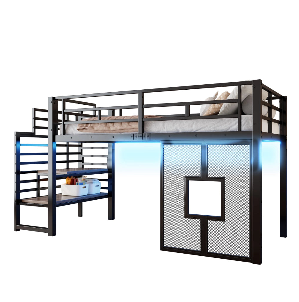 Letto a soppalco 90x200 cm con scala; contenitore; LED e finestre in metallo e MDF nero