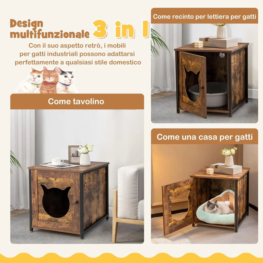 Mobile per Lettiera Gatti in Legno, Casetta con Ingresso a Forma di Gatto, Telaio in Metallo, Mobiletto Multiuso per Ingresso e Soggiorno, Adatto a Gatti Piccoli e Grandi