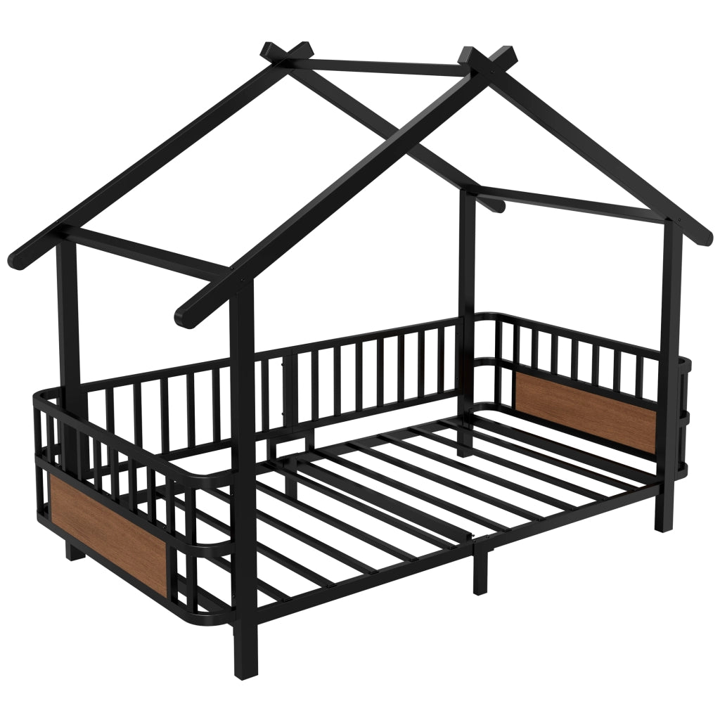 Letto per bambini 90 × 200 cm con barriera di sicurezza et struttura a casetta, senza materasso, in metallo, nero