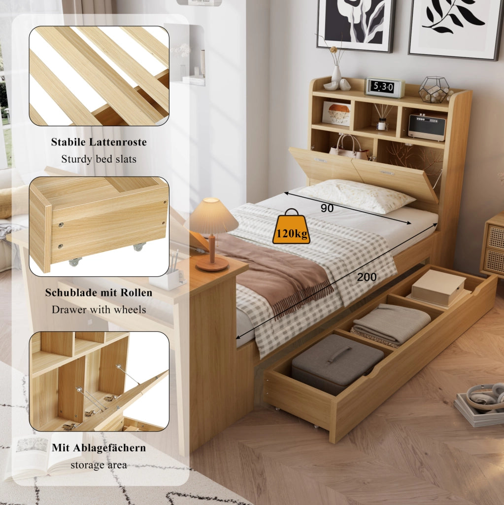 Letto singolo 90x200 cm con scrivania pieghevole e cassetto