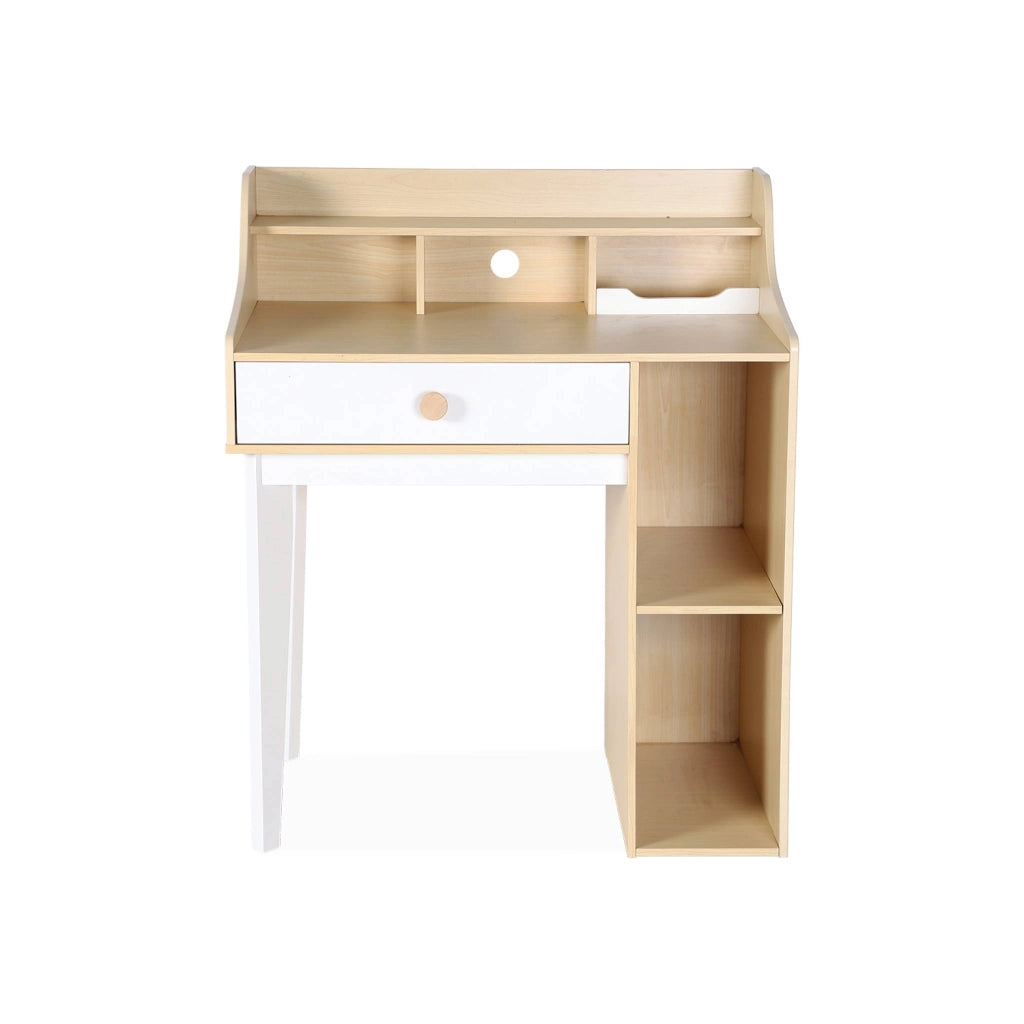 Scrivania per bambini con cassetto e ripiani, bianco e naturale