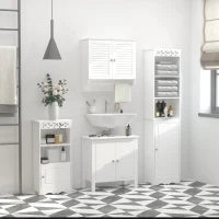 kleankin Mensola Alta da Parete Bagno, Armadio 2 Ante Persiane con Mensola, Porta Asciugamani, Legno Bianco