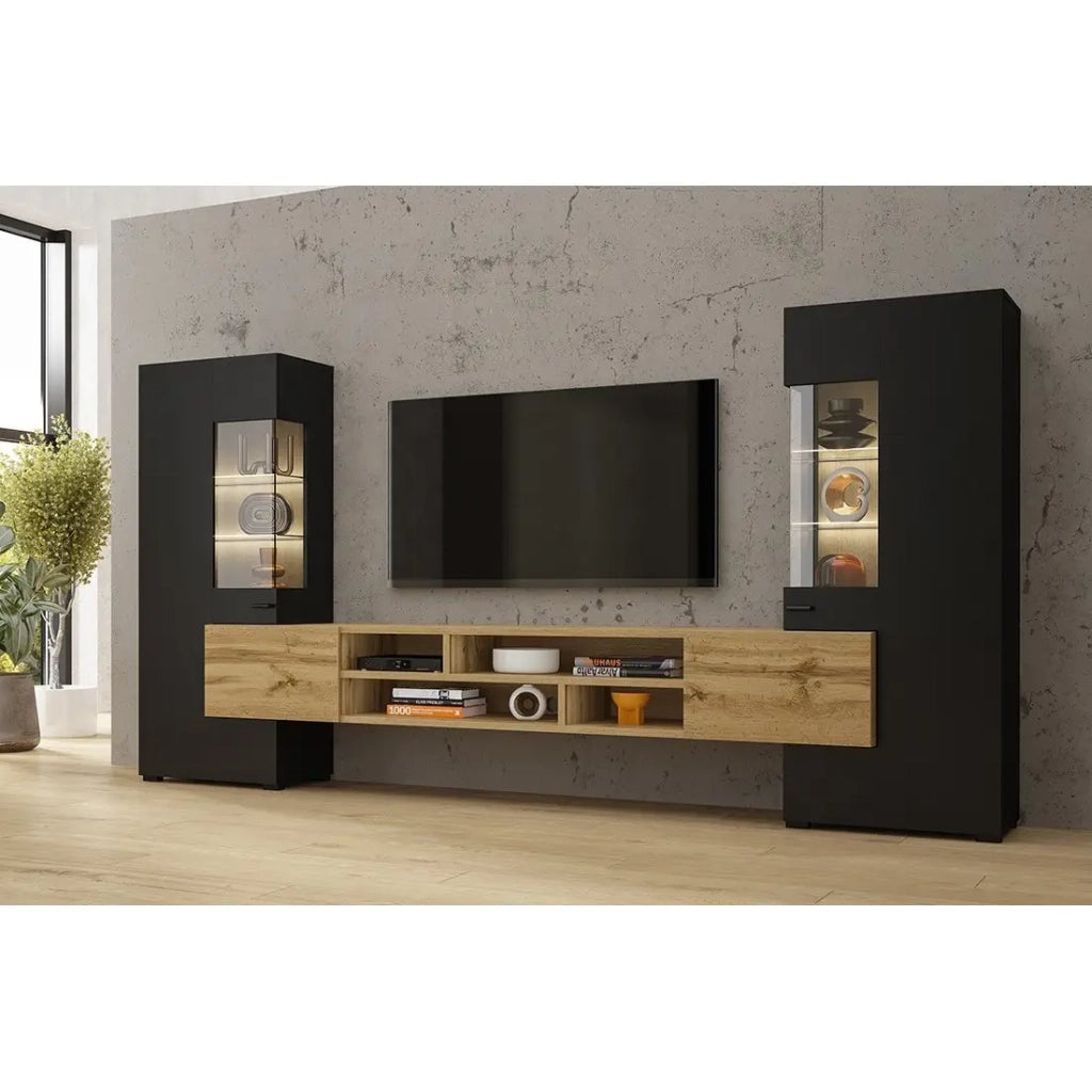 Set di 3 mobili da soggiorno collezione KOBEE. Colore nero e rovere.