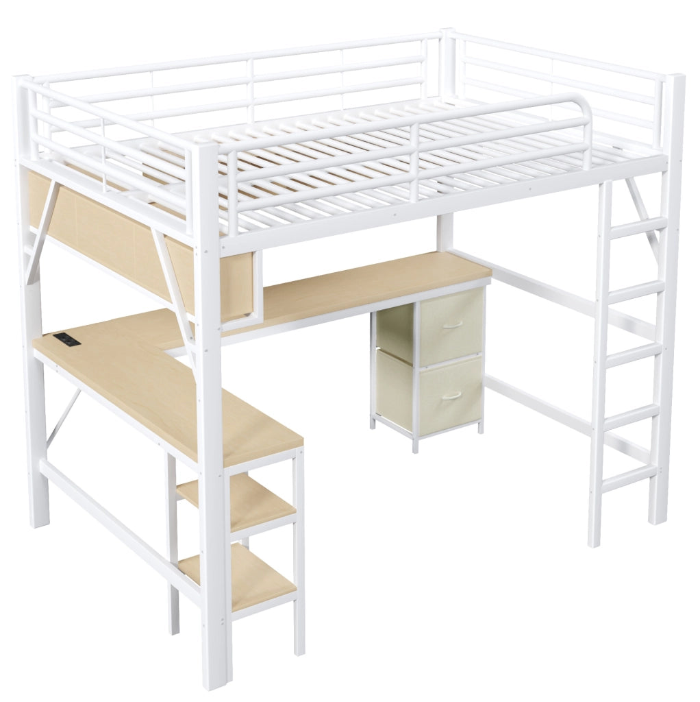 Letto a soppalco 140x200 cm con scrivania; LED e libreria in MDF e metallo bianco