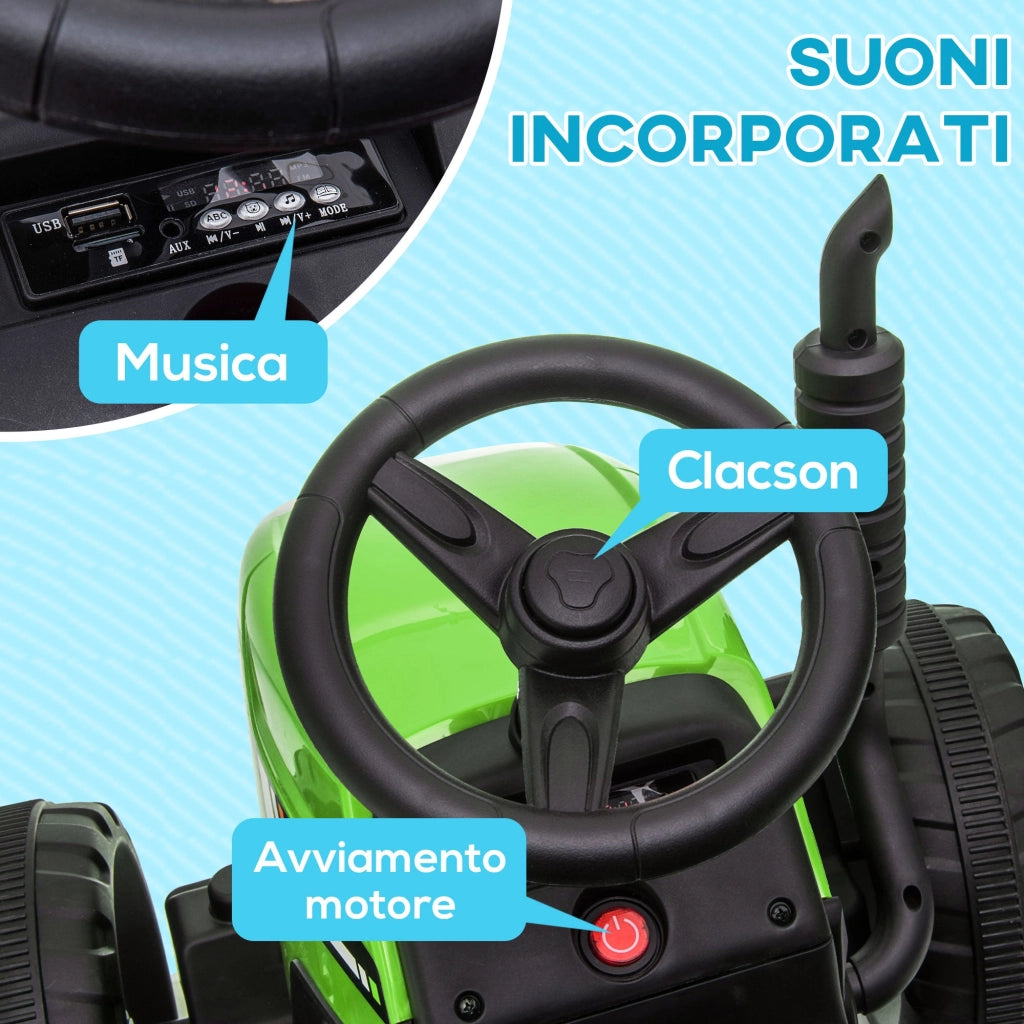 Trattore Elettrico per Bambini 12V con Rimorchio Verde