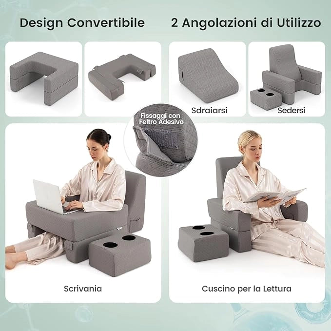 Set di 3 Cuscini da Lettura, Cuscino per Leggere con Tasca Laterale Portabicchieri e Cuscino a Cuneo per Schiena con Appoggio, per Rissarsi Leggere e Giocare, Grigio