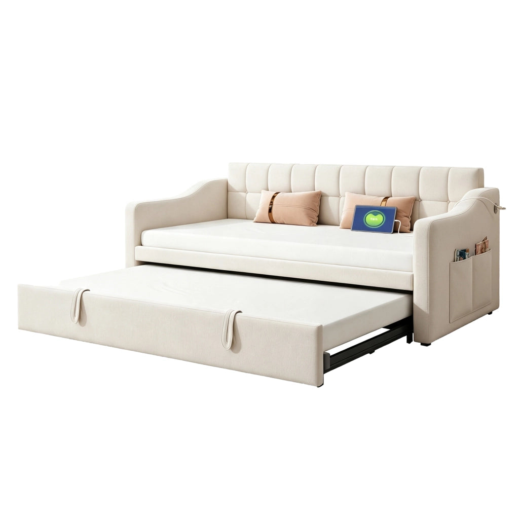 Letto Estraibile 90x190 cm; USB su Entrambi i Braccioli e in Velluto per Casa; Beige
