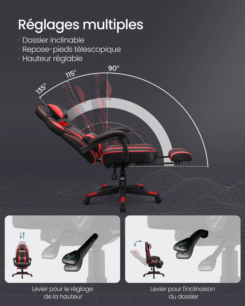 Sedia da gaming sedia da ufficio regolabile con poggiapiedi telescopico ergonomico meccanismo di inclinazione poggiatesta supporto lombare capacità di carico 150 kg nero e rosso 12_0005909