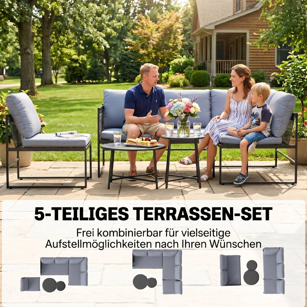 Set Lounge da Giardino 4-5 Persone ¨C zephmum ¨C Grigio, Polyrattan, Tessuto Lavabile