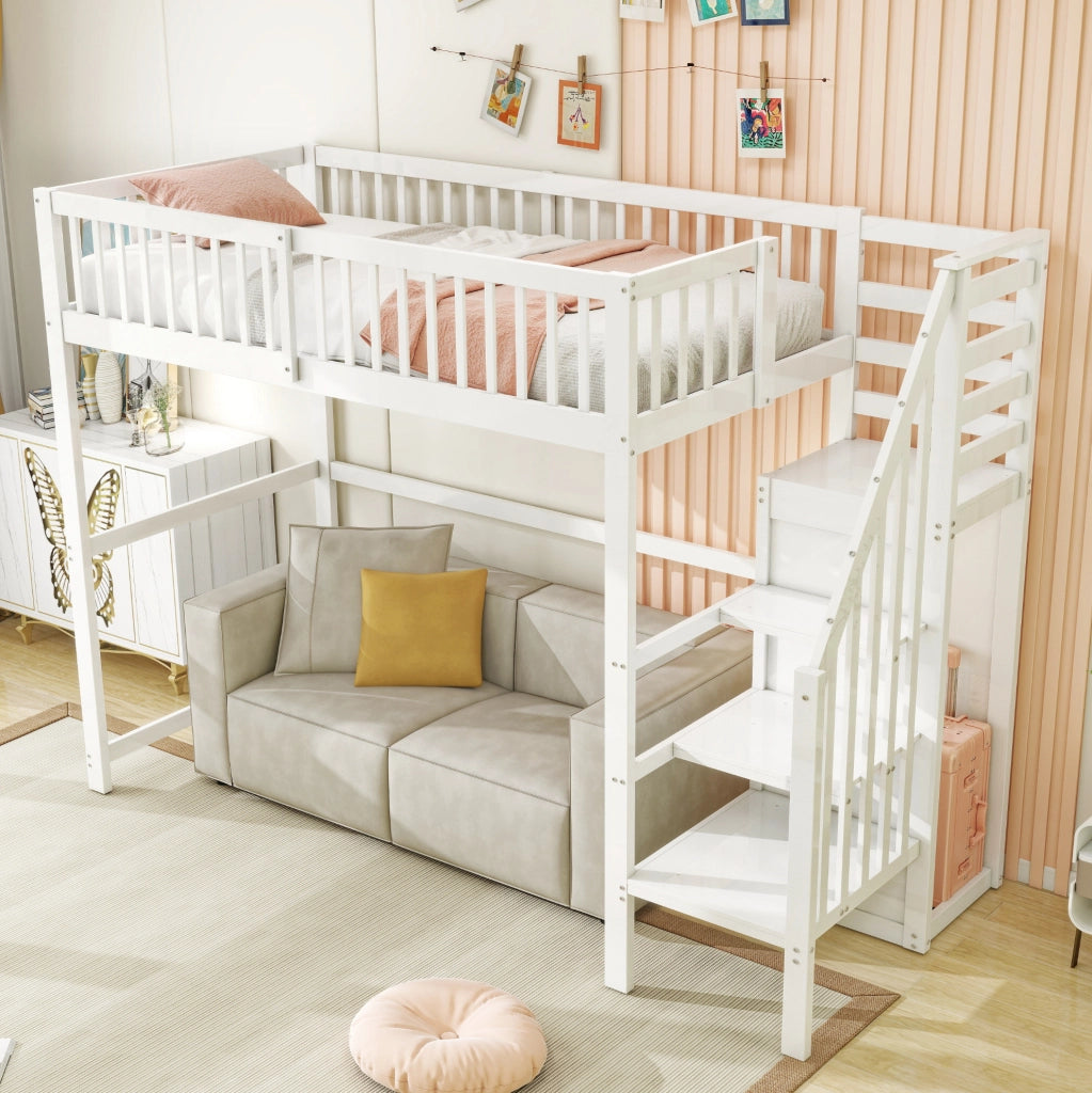 Letto a soppalco 90x200 cm bianco in legno con scala contenitore e armadio