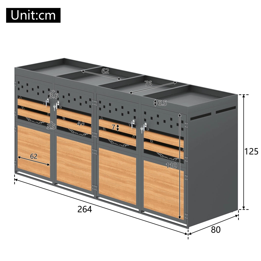 Box Porta Bidoni 4 Posti con Tetto Fioriera; Acciaio Zincato Antracite; Ante Effetto Legno; per Esterno