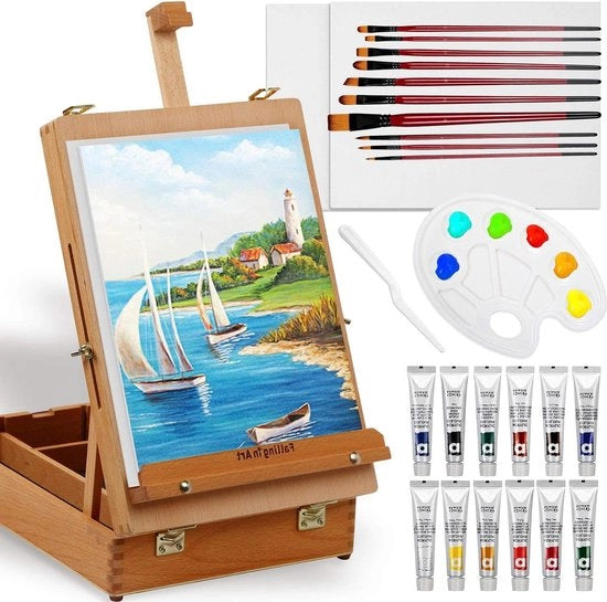 Set di verniciatura acrilica con scatola di pittura portatile e stand per display da tavolo