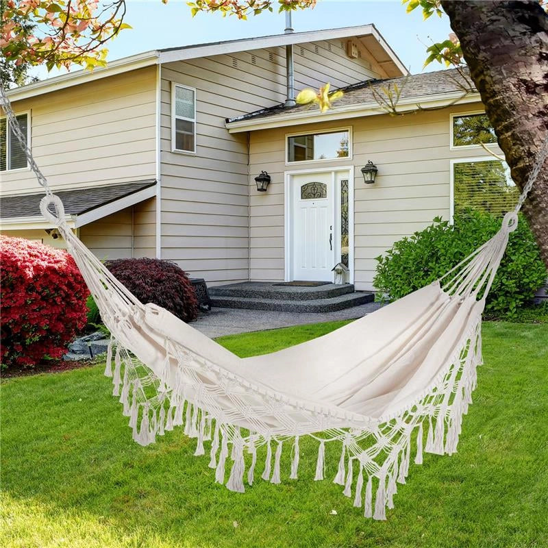 AMACA DA GIARDINO SOSPESA IN TELA CON FRANGE STILE BOHO 288X150 CM CAPACITÀ 120 KG CREMA