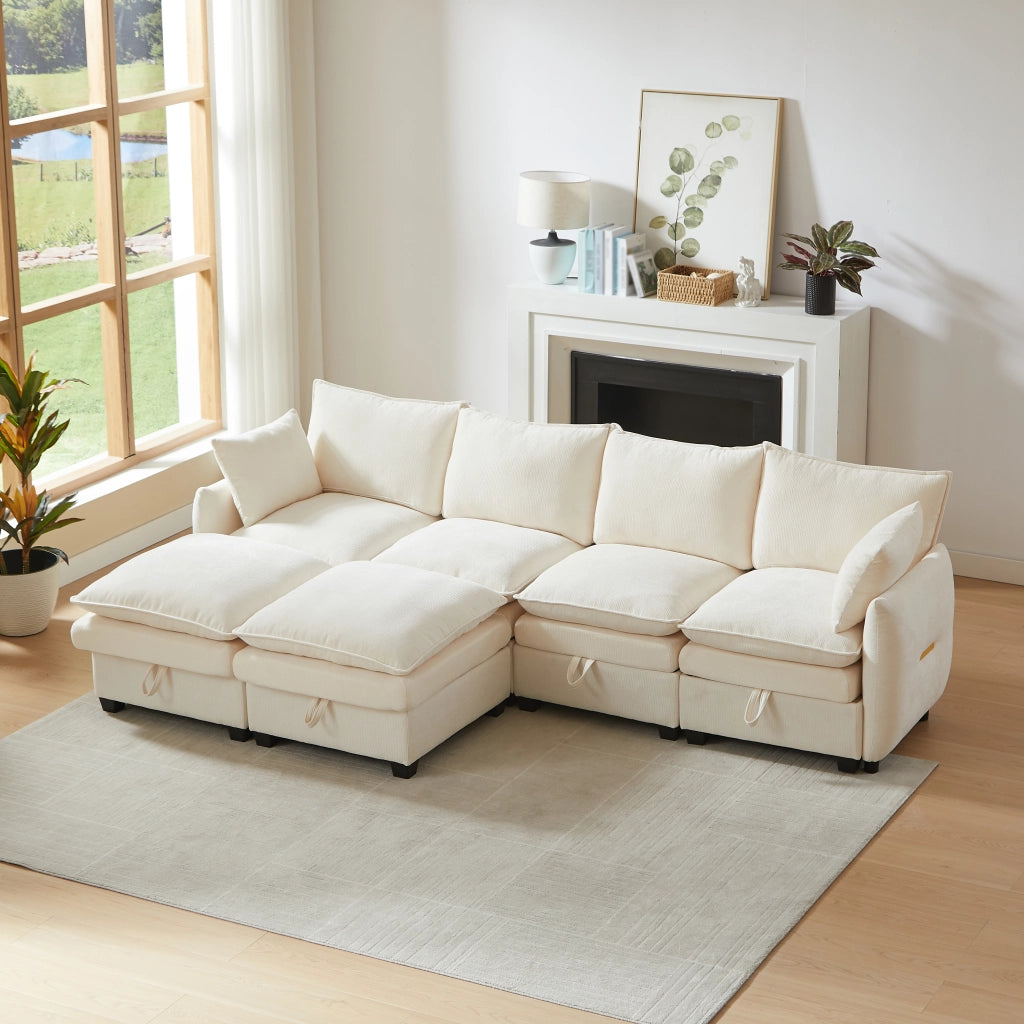 Divano U Modulare con Contenitore ¨C MINIMAL ¨C Velluto Chenille, Cuscini, Braccioli, Legno Massello