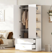 Armadio guardaroba bianco con specchio, 2 cassetti e 4 ripiani, 80x40x180 cm