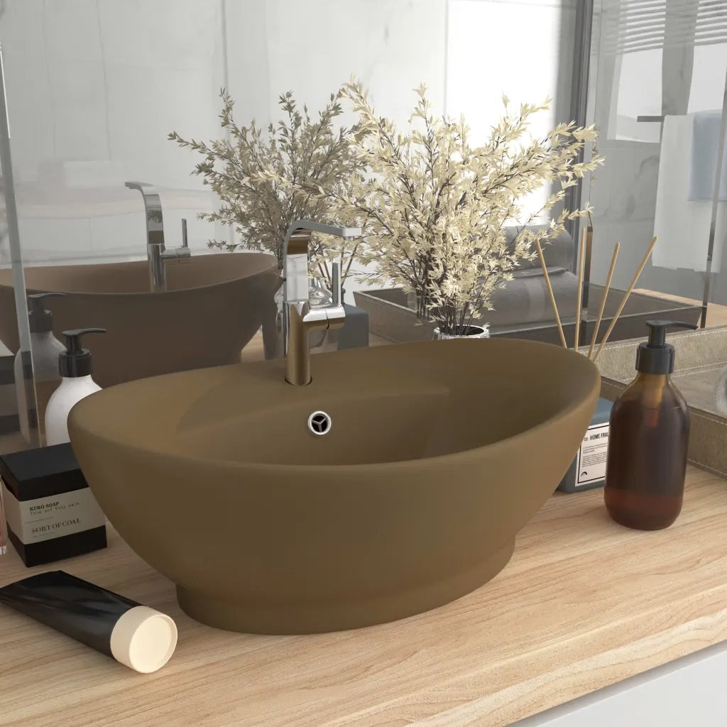 Lavandino con Troppopieno-Lavabo-Lavello Ovale Crema Opaco 58,5x39cm Ceramica