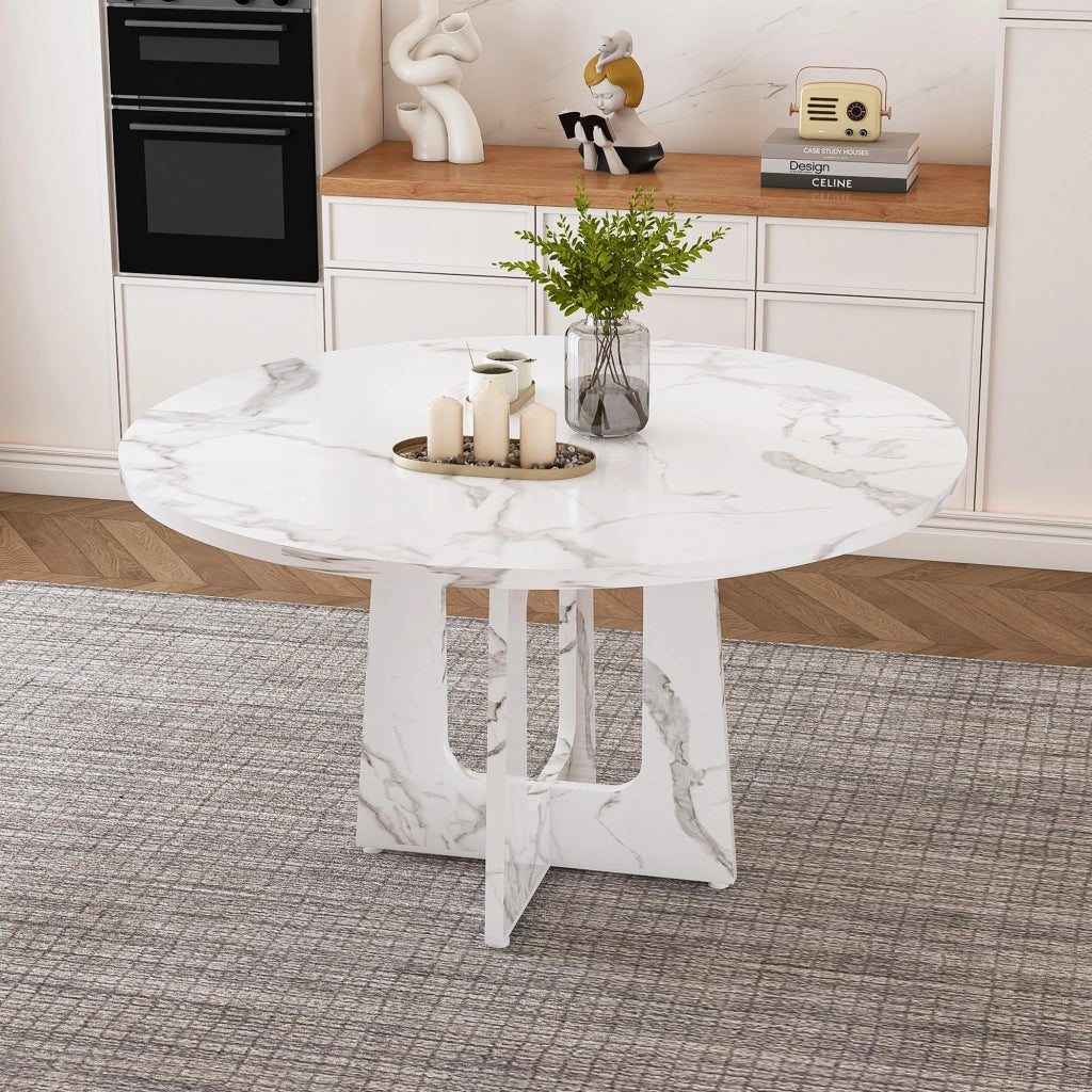 TAVOLO ROTONDO 120 cm H76 cm MDF Effetto Marmo Bianco