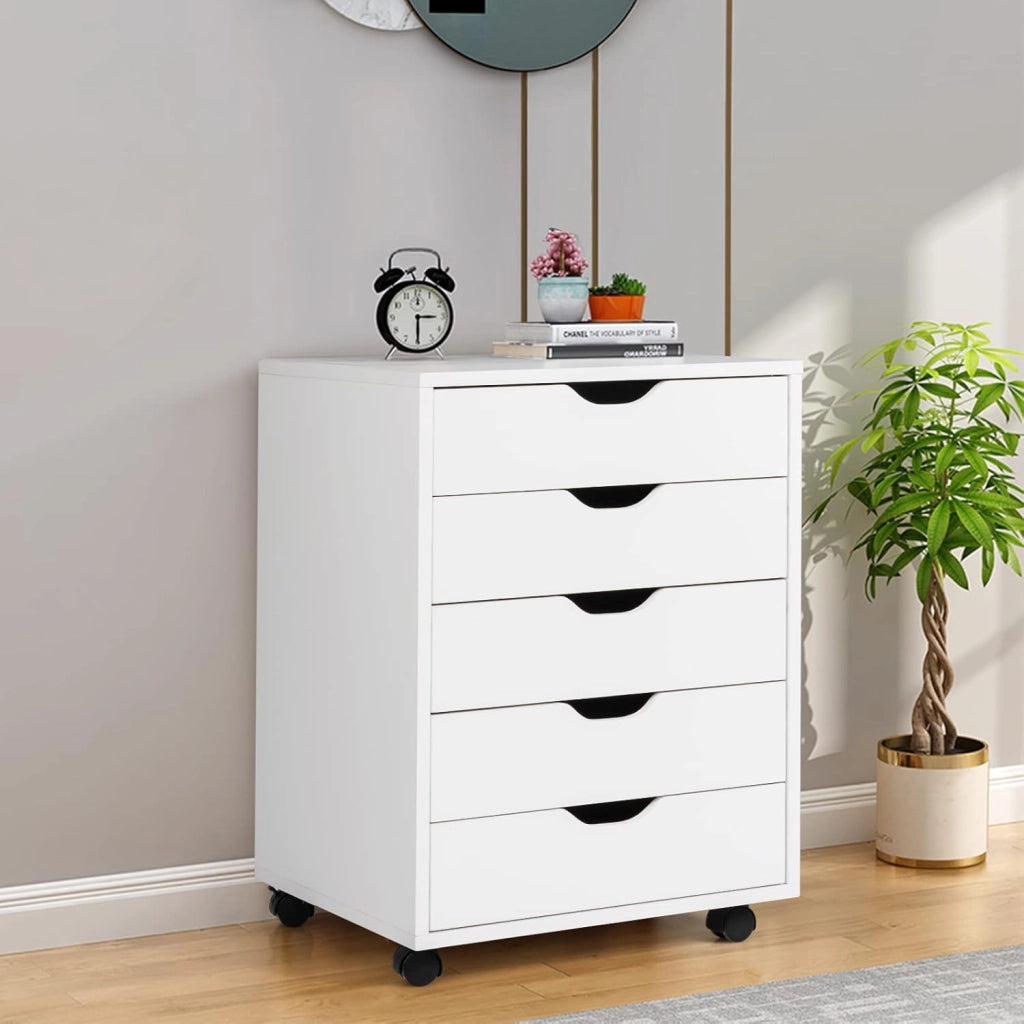 Cassettiera Ufficio con 5 Cassetti, Cassettiera Scrivania con Ruote Universali, Schedario Portadocumenti in Legno per Soggiorno, Camera da Letto, Studio, 49 x 42 x 66 cm (Bianco)