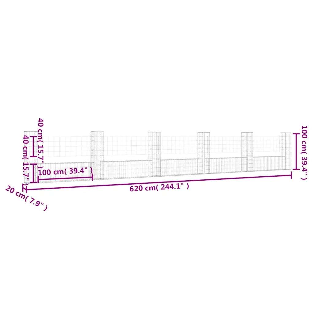 Cesto Gabbione a U con 6 Pali in Ferro 620x20x100 cm 151279