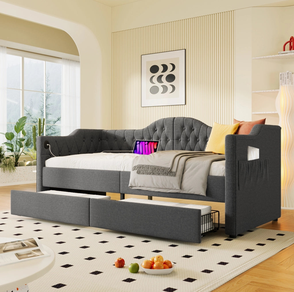 Letto giorno 90x190 cm in lino grigio con USB e Type-C; 2 cassetti e tasche laterali