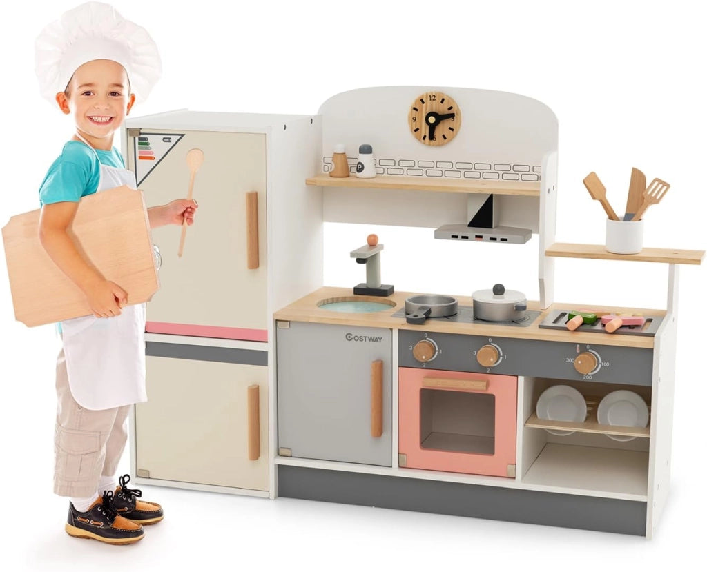 Cucina Giocattolo per Bambini, Set da Cucina in Legno con Cappa Aspirante e Frigorifero Realistici, con Utensili da Cucina in Legno, per Bambini 3+ Anni