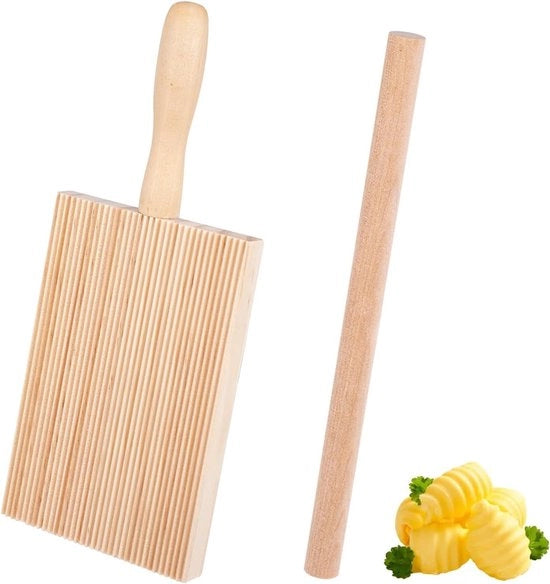 Fabbricante di Gnocchi a Tavola con Pala di Legno di Faggio Naturale e Rotolo per Garganelli Makaroni Tortellini