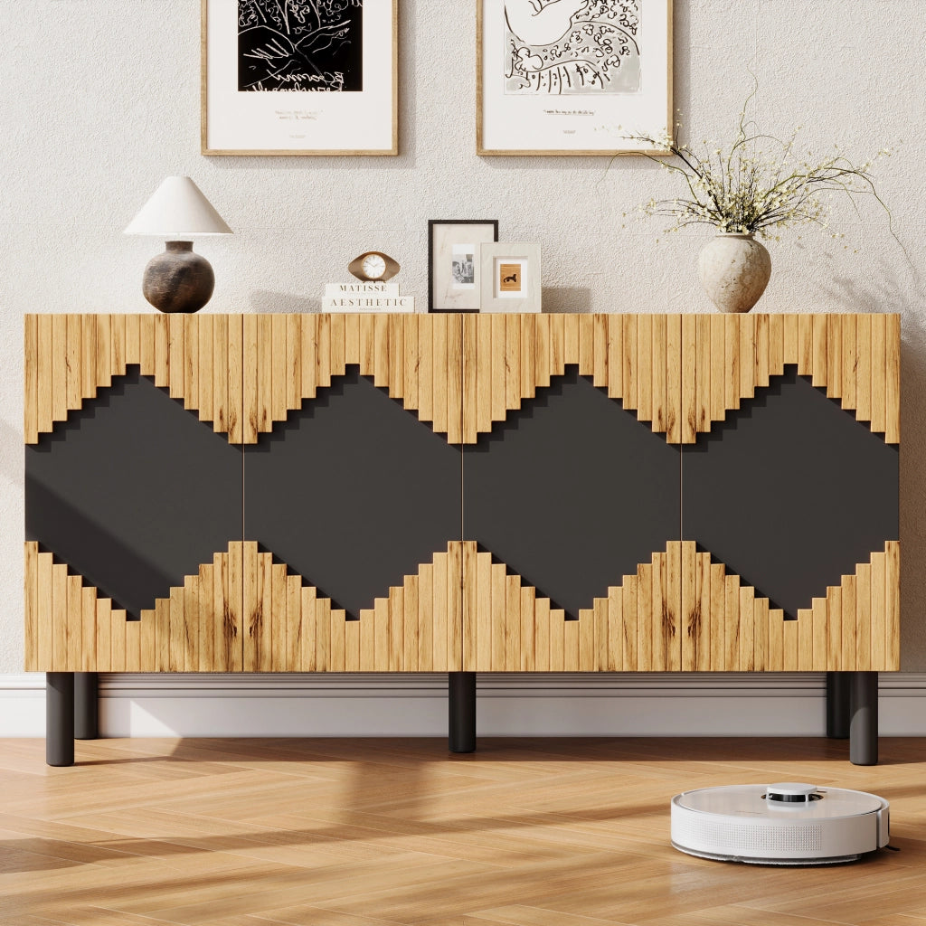 Credenza con 4 vani chiusi e apertura push; per soggiorno o sala da pranzo; naturale e nero; 140 × 40 × 70 cm