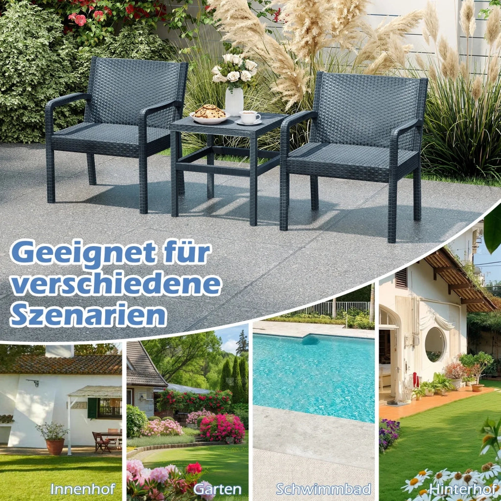 Set mobili da giardino 3 pezzi in resina effetto rattan, 2 sedie e tavolino per balcone e terrazza, grigio, resistente