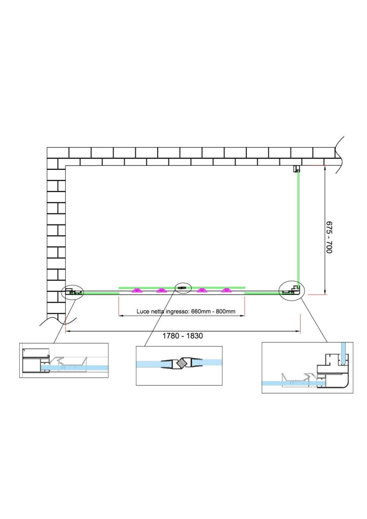 Box doccia 6 mm H 190 parete fissa e porta a 4 ante con apertura centrale MISURA 67,5-70 ANTA FISSA + PORTA 178-183