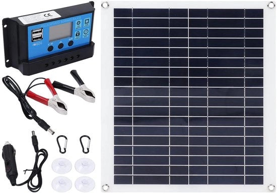 Kit di Pannello Fotovoltaico 100W - Caricatore Solare Portatile Ripiegabile con Controller 100A per Camper, Barca, Tenda Auto.
