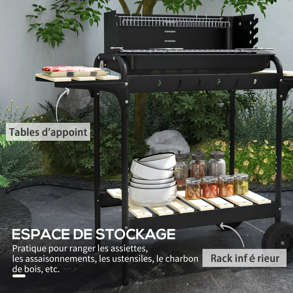 Barbecue a carbone con piede, griglia regolabile, 2 ruote e 3 ripiani ¨C zephmum ¨C nero