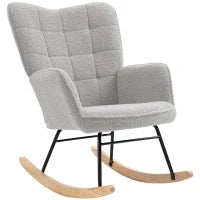 Poltrona a Dondolo Imbottita in Legno e Acciaio con Rivestimento Bouclé, 71x98x101 cm, Grigio