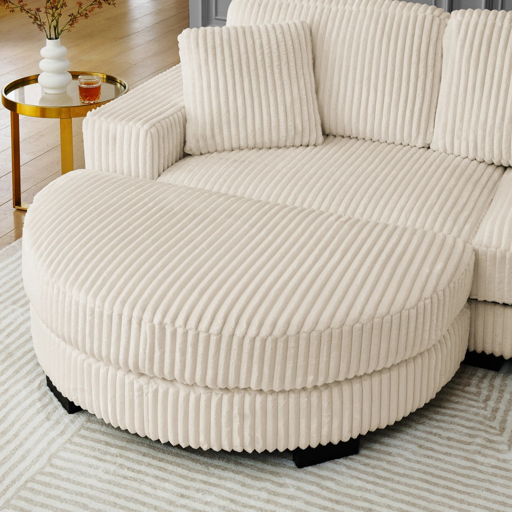 Divano angolare modulare 4 posti con pouf ovale reversibile e 2 cuscini in corduroy beige per soggiorno