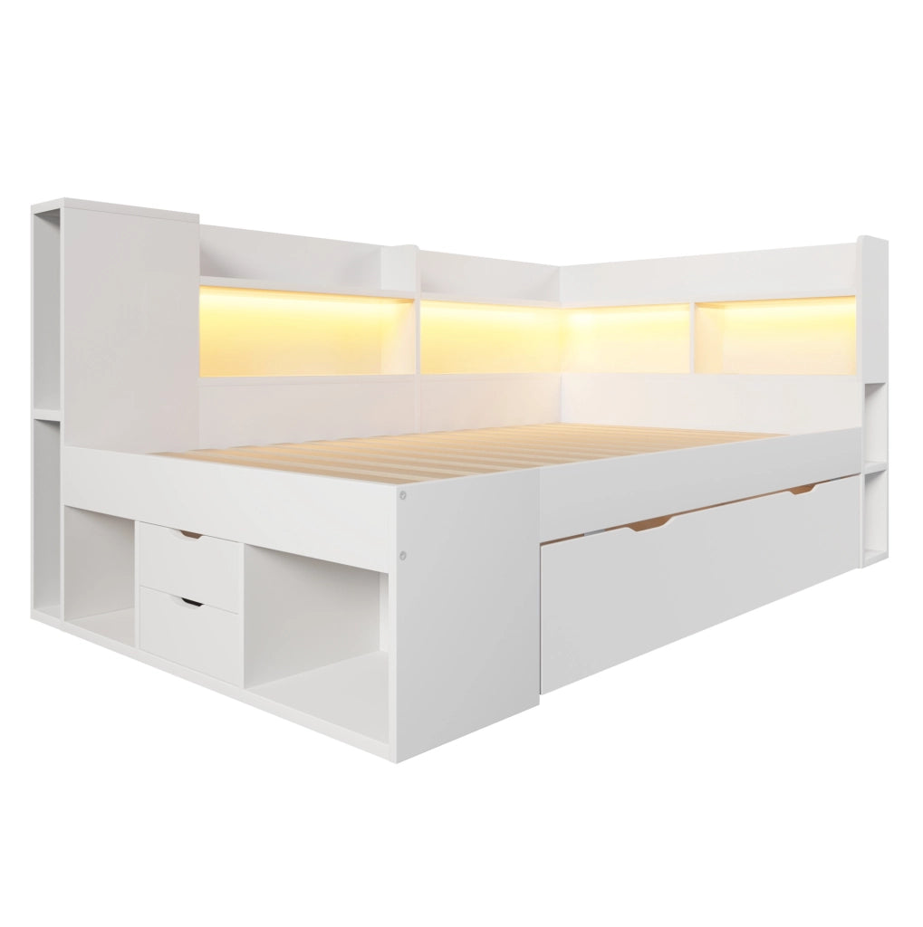 Divano letto 90x200 cm bianco con LED; USB e Type-C; ripiani e cassetti in legno