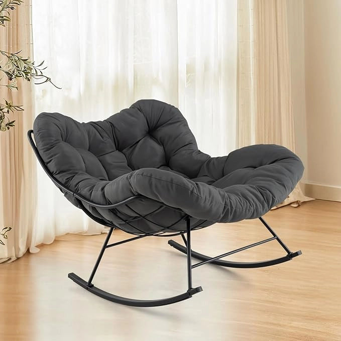 Sedia a Dondolo, Poltrona Relax Ergonomica, Poltrona Sovradimensionato con Cuscino Imbottito, Sedia a Uovo con Struttura Metallica, per Soggiorno Portico Giardino, Portata 205 kg (Grigio)