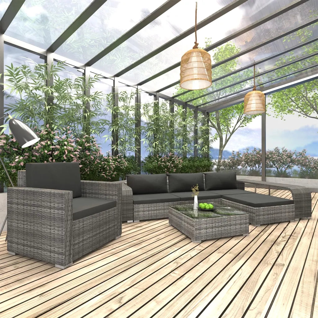 Set Divani da Giardino 8 pz con Cuscini in Polyrattan Grigio 48317