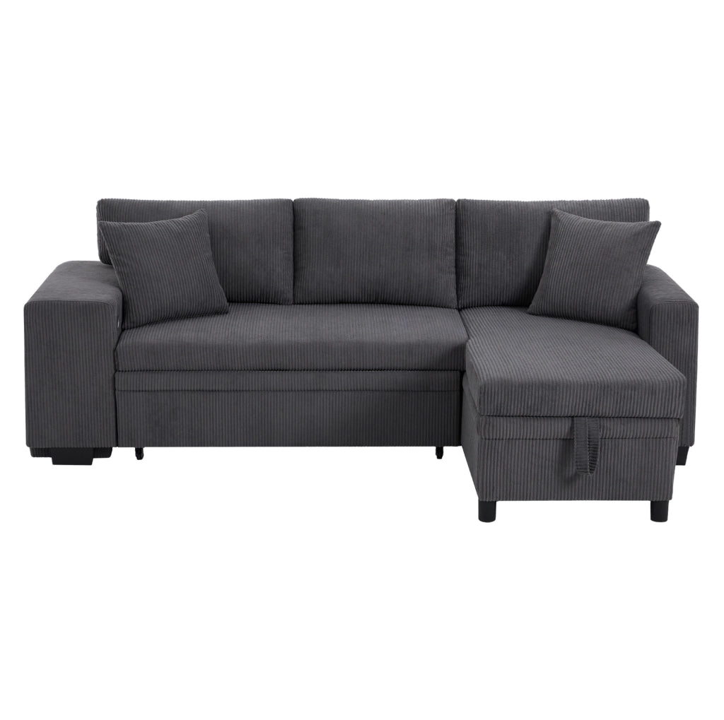 Divano letto angolare 3-4 posti in velluto a coste grigio con contenitore; USB e Type-C