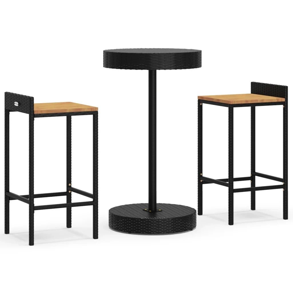 Set Bar Giardino 3 pz Nero Polyrattan e Legno Massello Acacia 3187714